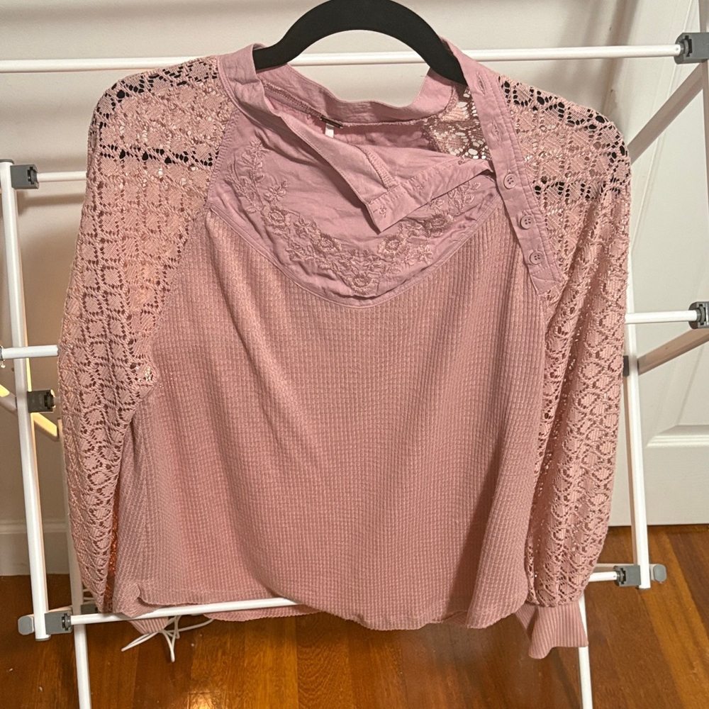 Free People Pink Lace Sleeve Blouse